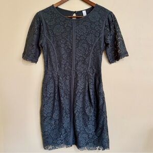 Zara| Feminine Dark Gray Lace Lined Short Sleeve Mini Dress Sz L